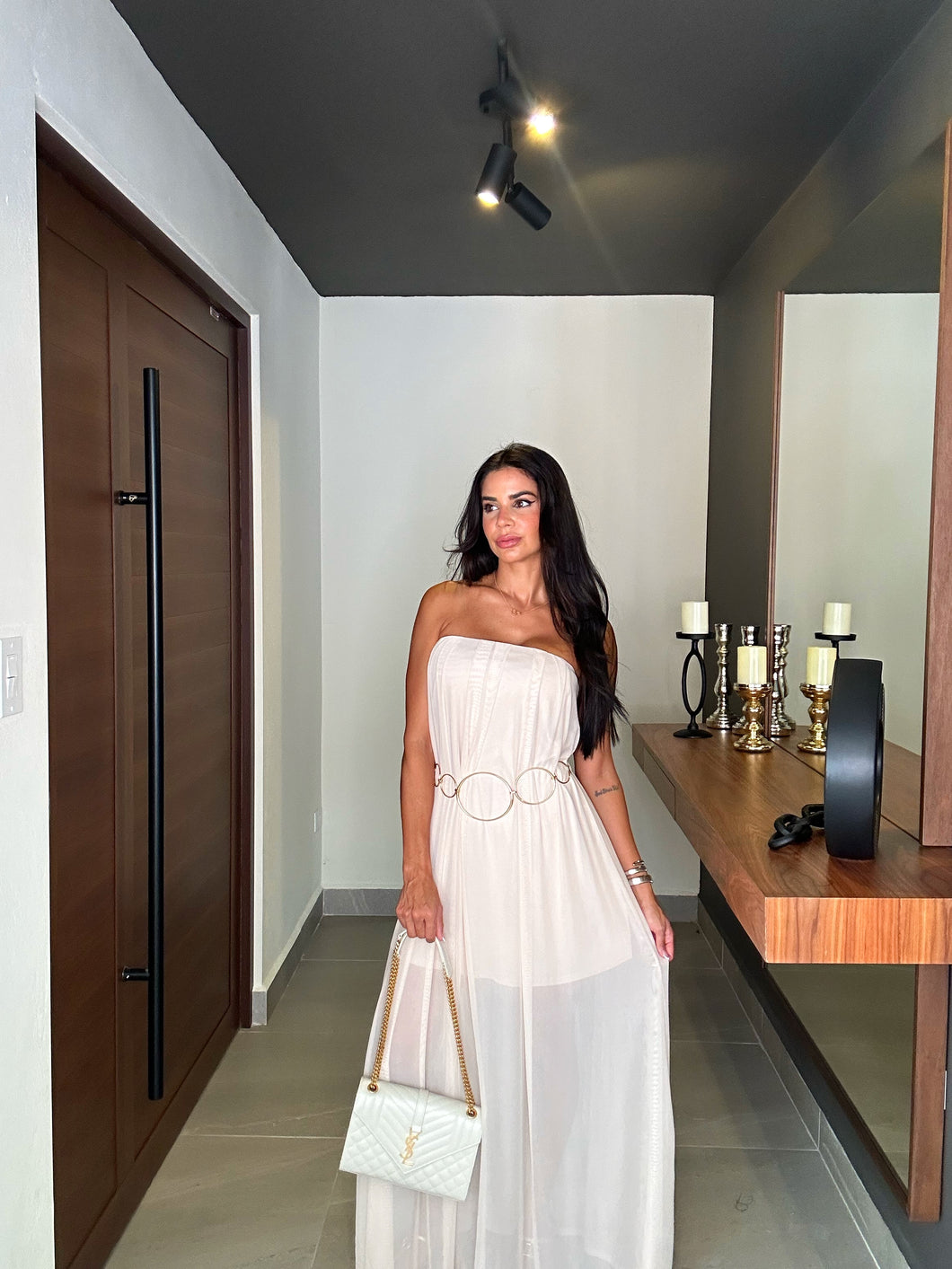 Mesh strapless dress- ivory